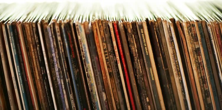 Crate-digging: stacks of vinyl records