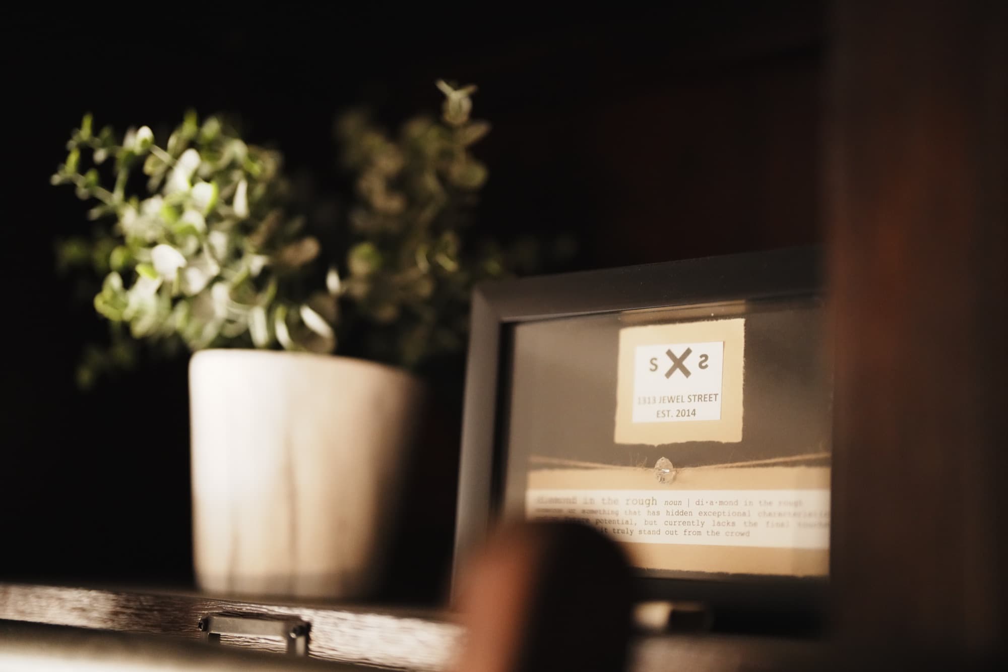 The framed stone on the bookshelf: a polished gem on twine above a typed definition of "diamond in the rough", beside the SxS card reading 1313 Jewel Street, est. 2014