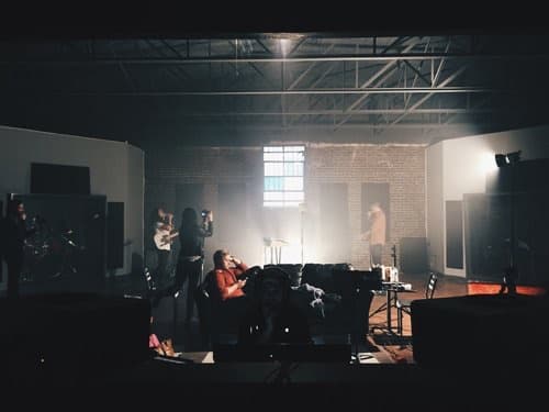 Photo shoot setup on the warehouse floor